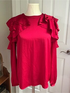Worthington Silky Red Ruffle Shoulder Long-Sleeve Blouse Lace Cut-Out